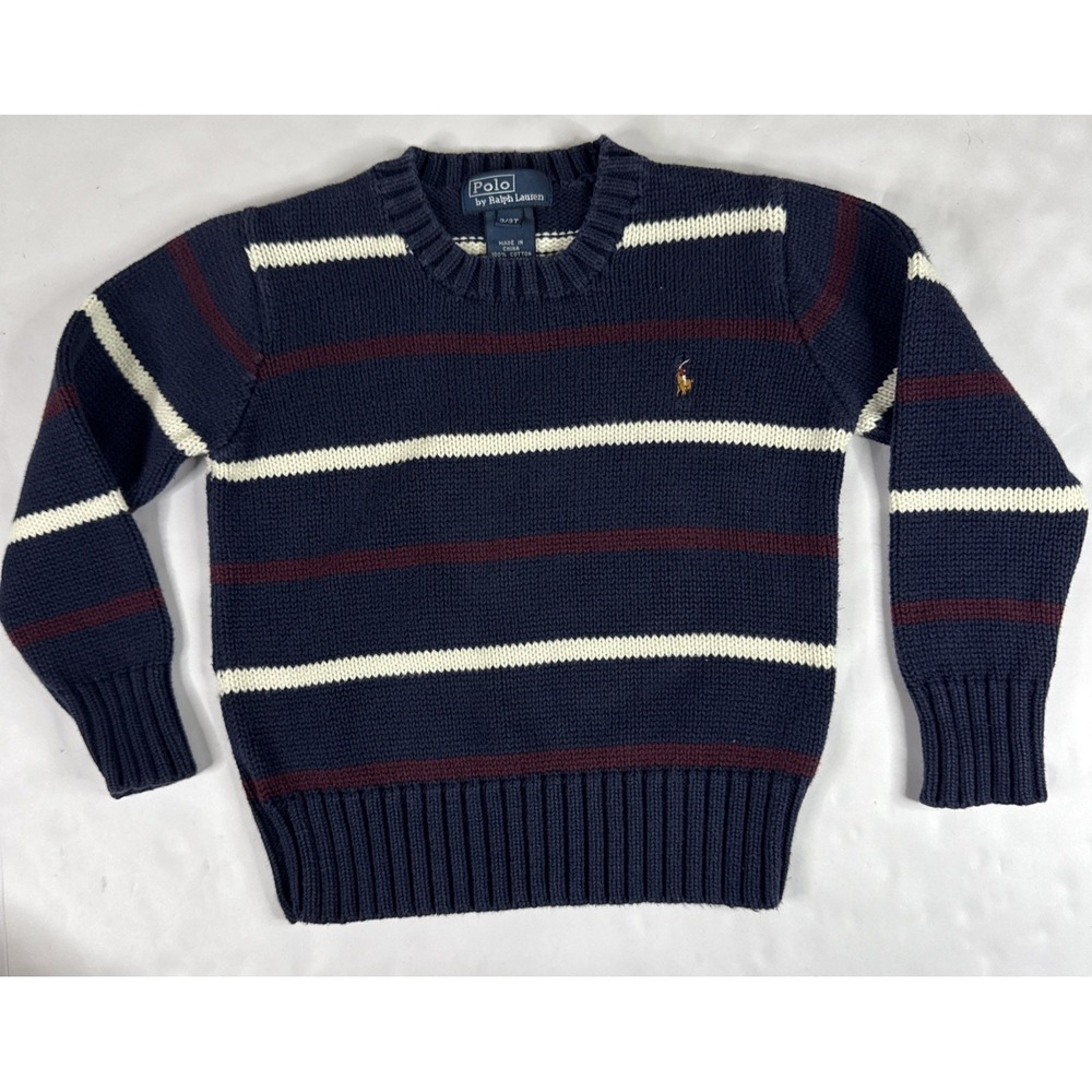 Polo by Ralph Lauren Navy, White & Burgundy Striped Knit Sweater